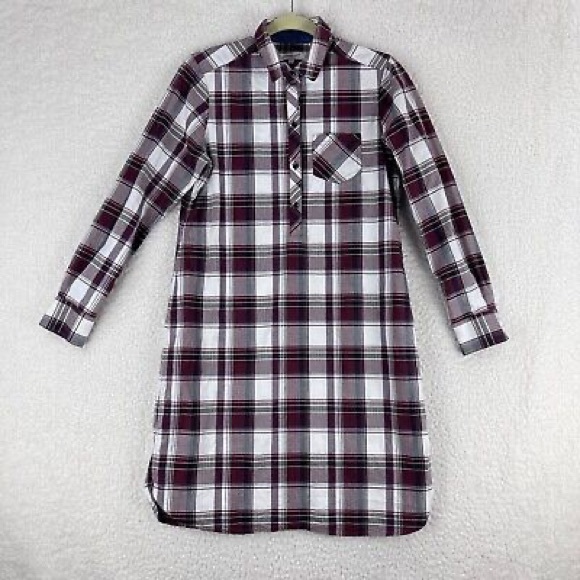 Foxtrot NYC - Maroon Plaid Print Long-Sleeve Knee Length Shirt Dress - Picture 3 of 4
